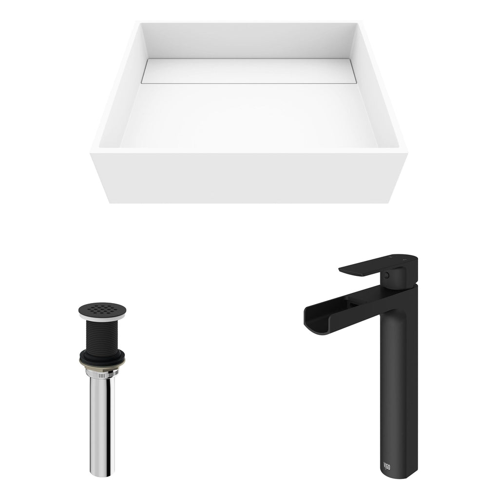 VIGO Montauk MatteStone White Bathroom Sink/Basin Set with Amada Faucet and Rectangular Composite Vessel