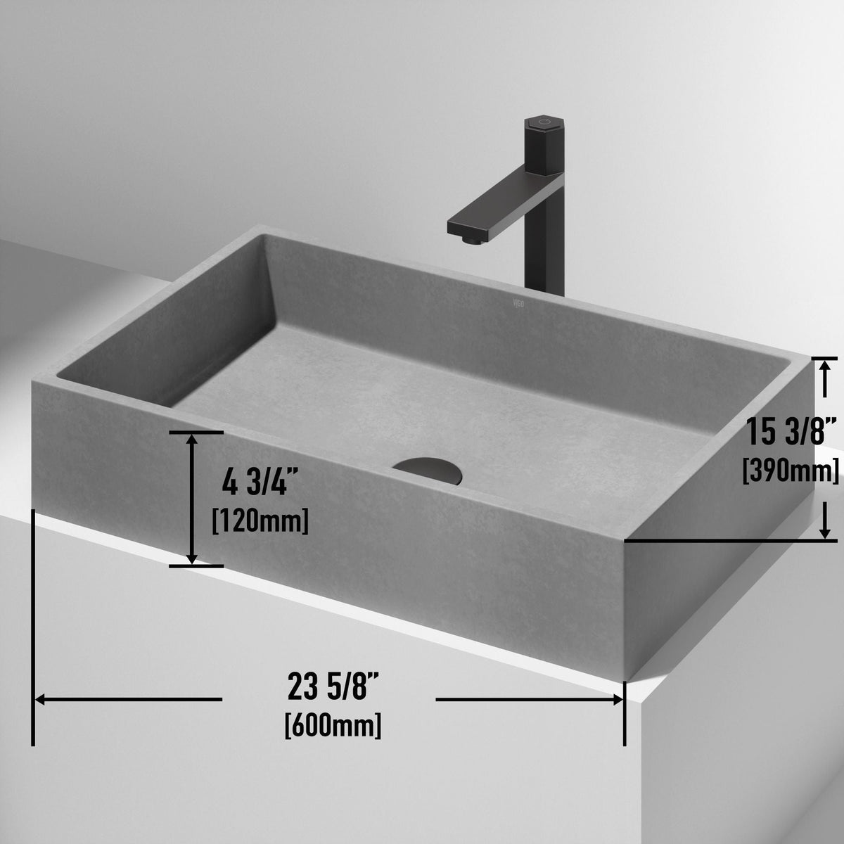 VIGO Orvieto Gothic ConcretoStone 24x15-in Deep Grey Bathroom Sink/Basin with Rectangular Vessel