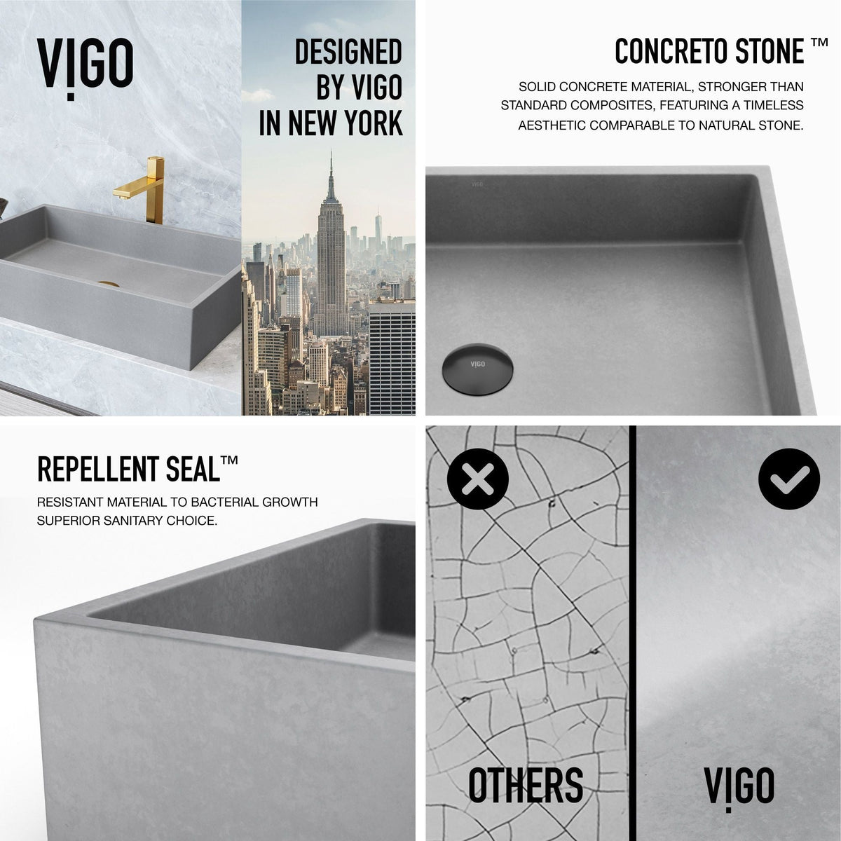 VIGO Orvieto Gothic ConcretoStone 24x15-in Deep Grey Bathroom Sink/Basin with Rectangular Vessel