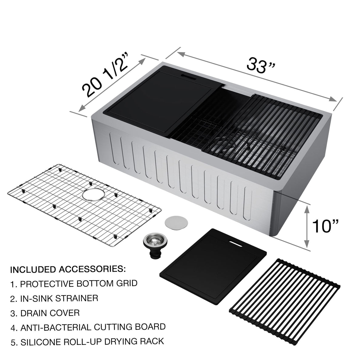 VIGO Oxford 1-Bowl Stainless Steel Apron Front Farmhouse Kitchen Sink with Accessories, 33-in