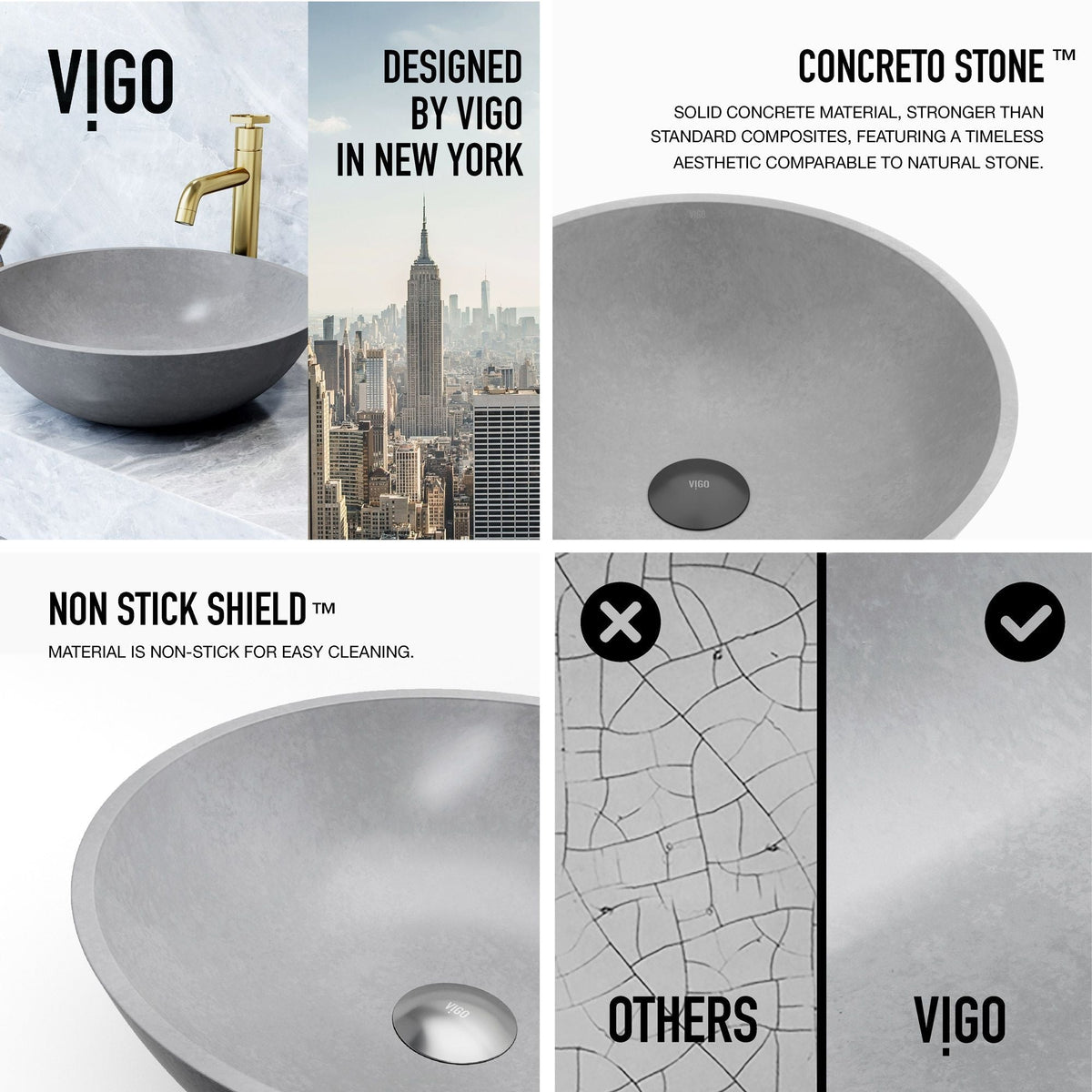 VIGO Ravenna Gothic ConcretoStone 16x16-in Deep Grey Bathroom Sink/Basin with Round Vessel