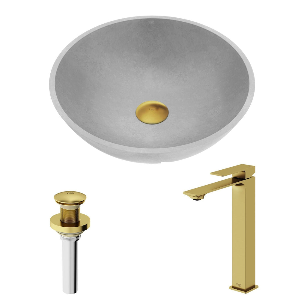 VIGO Ravenna Gothic ConcretoStone Grey Bathroom Sink/Basin Set with Dunn Faucet and Round Vessel