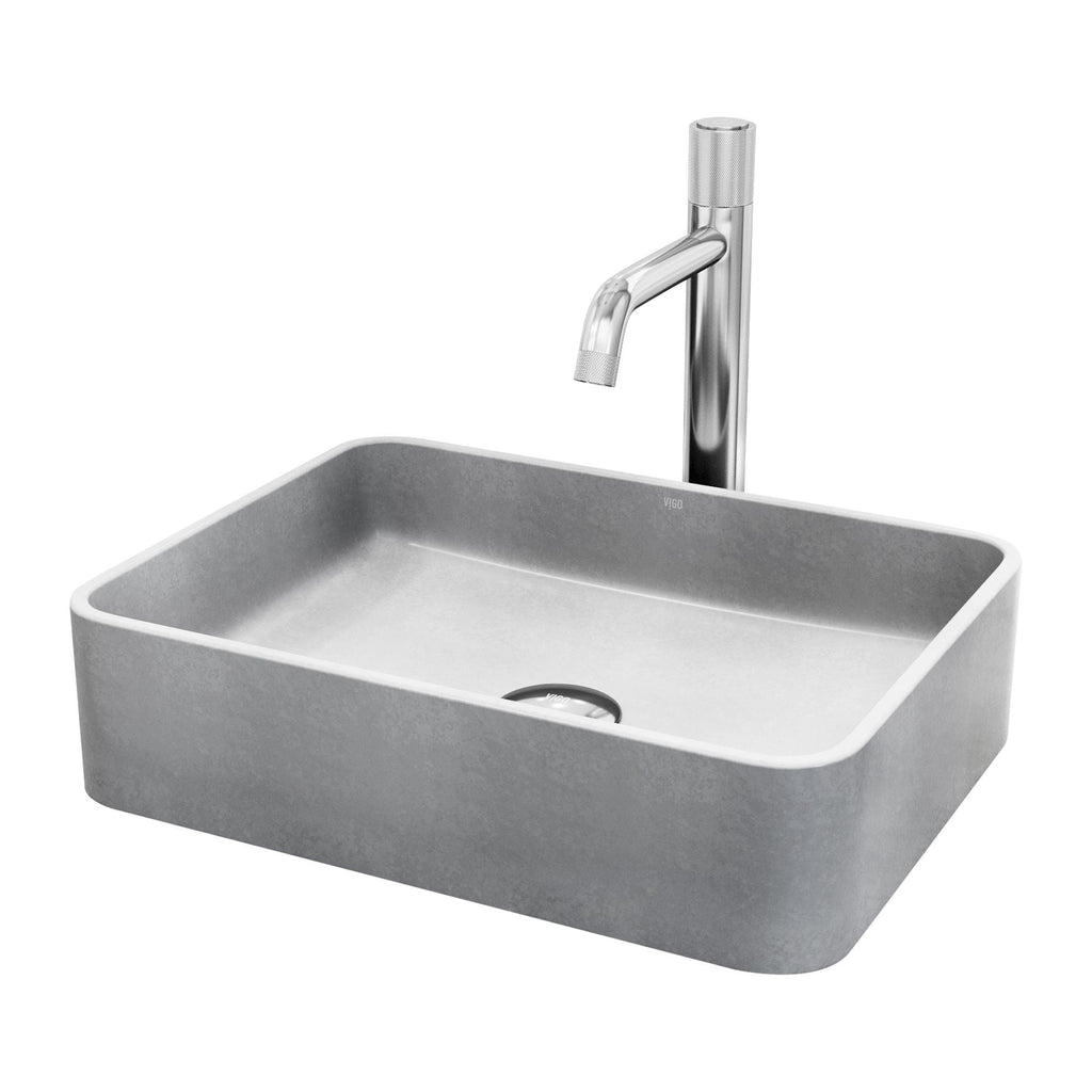 VIGO Segovia Gothic ConcretoStone Grey Bathroom Sink/Basin Set with Apollo Faucet and Rectangular Vessel