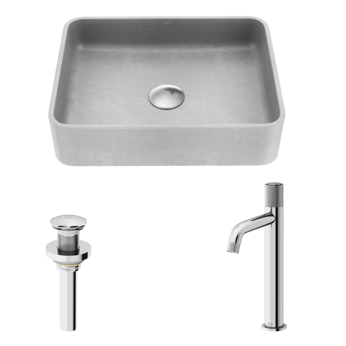 VIGO Segovia Gothic ConcretoStone Grey Bathroom Sink/Basin Set with Apollo Faucet and Rectangular Vessel