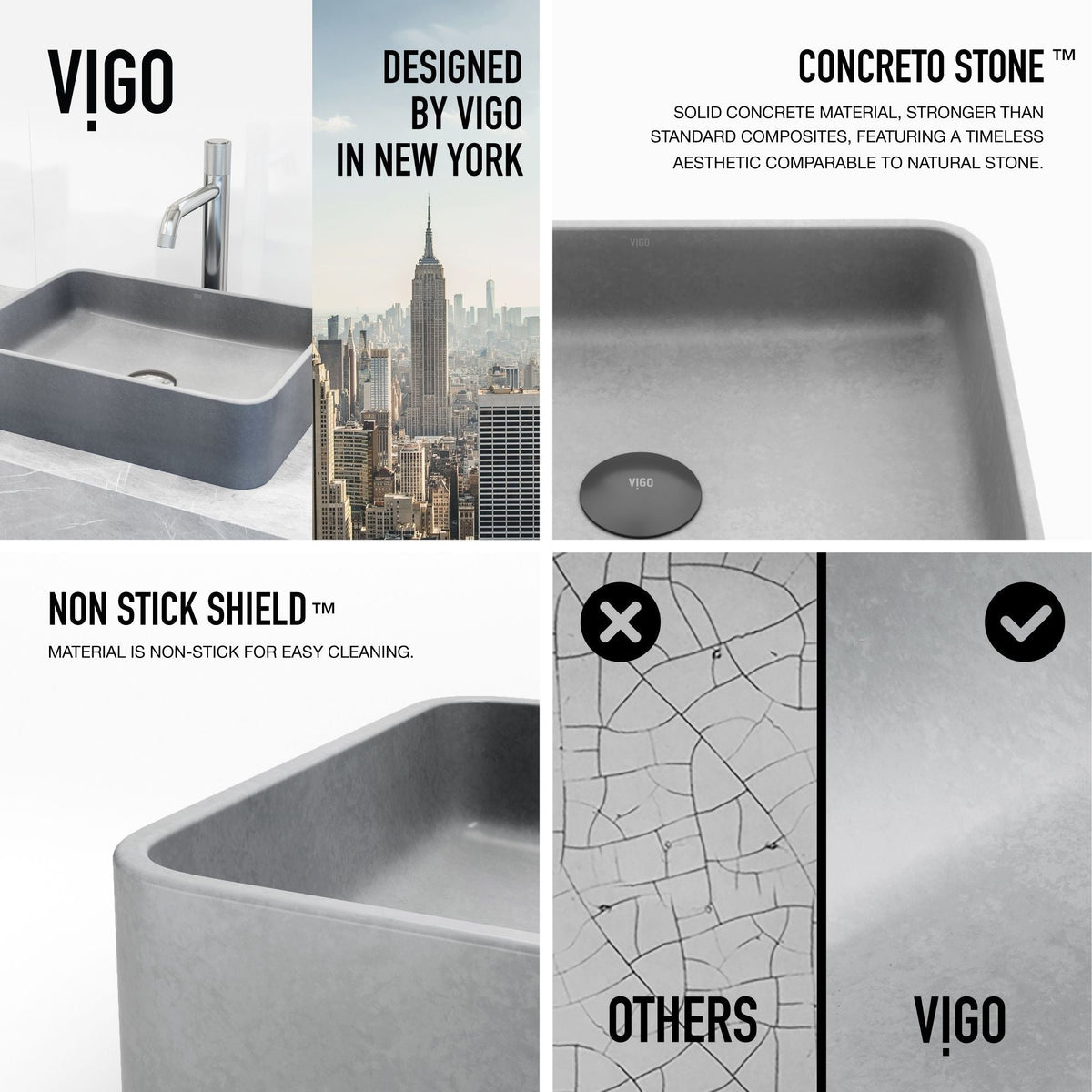 VIGO Segovia Gothic ConcretoStone Grey Bathroom Sink/Basin Set with Apollo Faucet and Rectangular Vessel