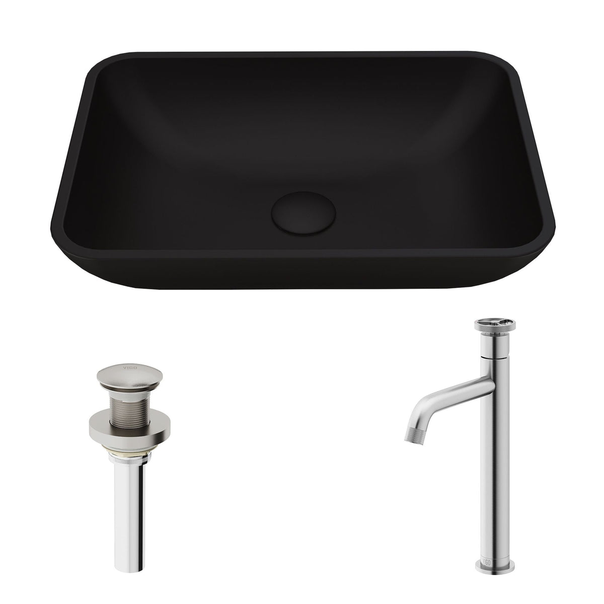 VIGO Sottile MatteShell Matte Black Bathroom Sink/Basin Set with Cass Faucet and Glass Rectangular Vessel