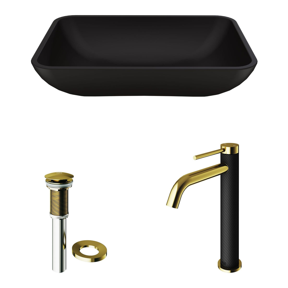 VIGO Sottile MatteShell Matte Black Bathroom Sink/Basin Set with Lexington Faucet and Glass Rectangular Vessel