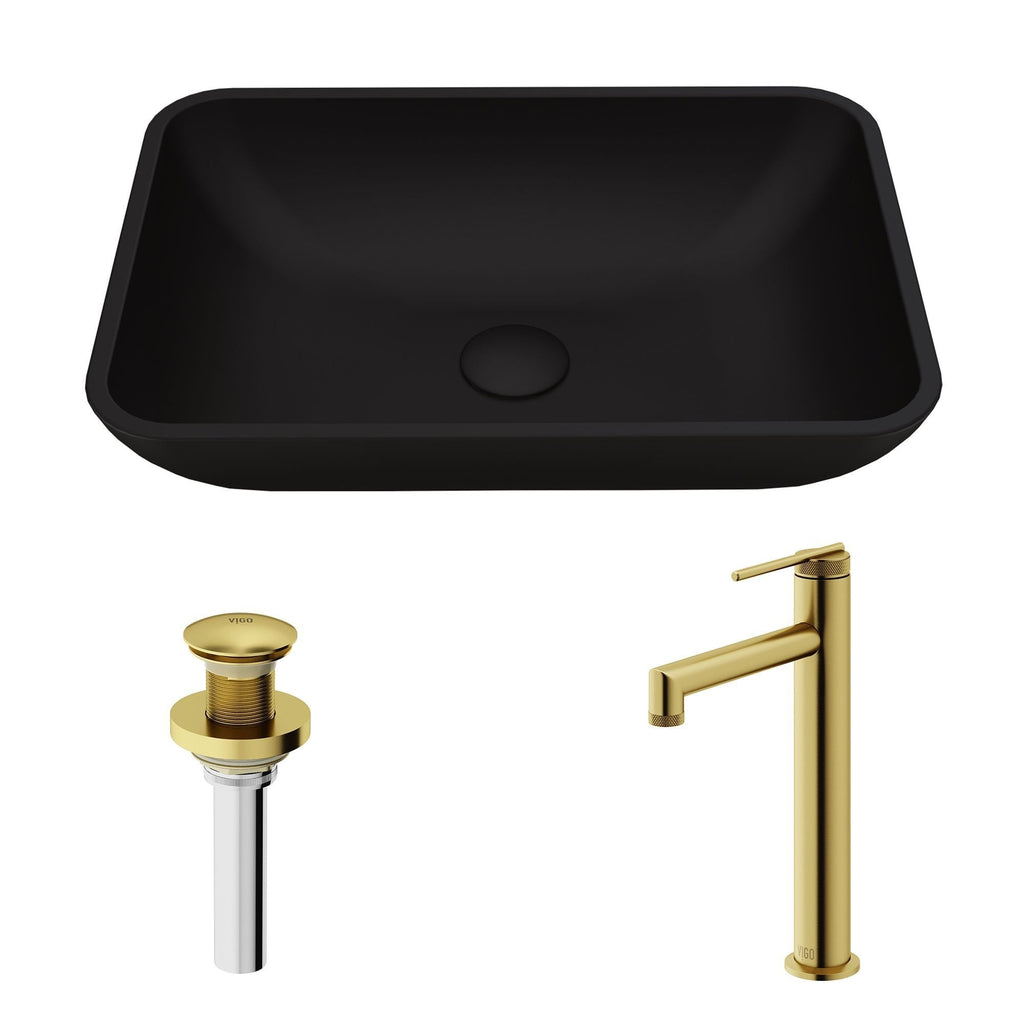 VIGO Sottile MatteShell Matte Black Bathroom Sink/Basin Set with Sterling Faucet and Glass Rectangular Vessel