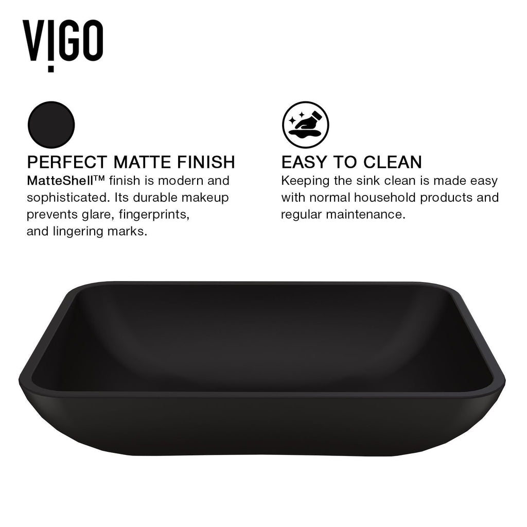 VIGO Sottile MatteShell Matte Black Bathroom Sink/Basin Set with Sterling Faucet and Glass Rectangular Vessel