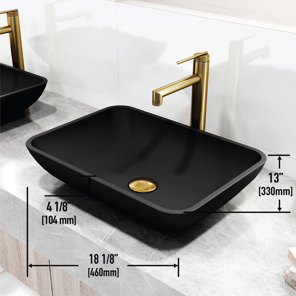 VIGO Sottile MatteShell Matte Black Bathroom Sink/Basin Set with Sterling Faucet and Glass Rectangular Vessel