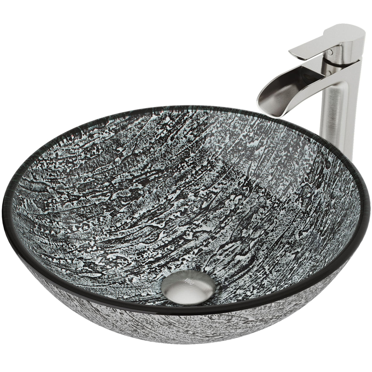 VIGO Titanium Glass Slate Grey Bathroom Sink/Basin Set with Niko Faucet and Round Vessel