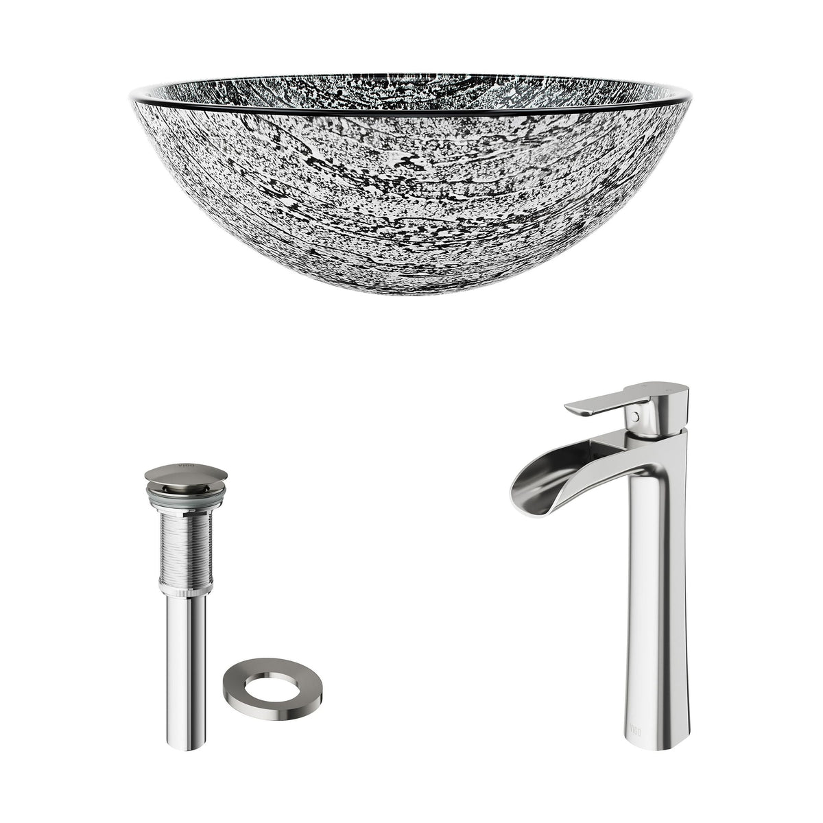 VIGO Titanium Glass Slate Grey Bathroom Sink/Basin Set with Niko Faucet and Round Vessel