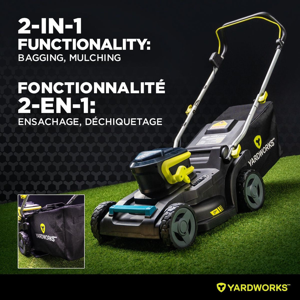 Yardworks 48V 2-in-1 Brushless Push Lawn Mower, 17-in with 4Ah Battery & Charger
