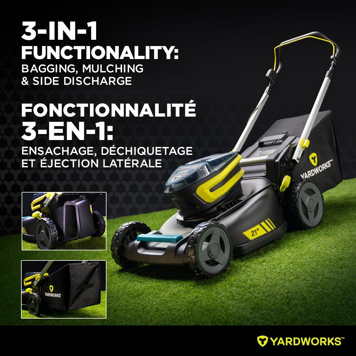 Yardworks 48V 3-in-1 Brushless Push Lawn Mower, 21-in with 6Ah Battery & Charger