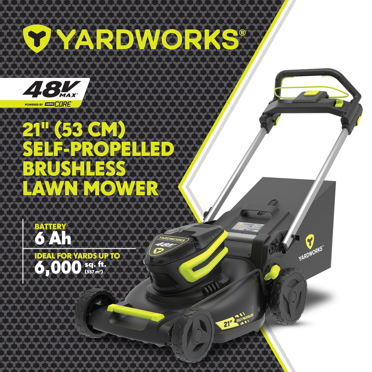 Yardworks 48V 3-in-1 Cordless Brushless Self-Propelled Mower, 21-in with 6Ah Battery & 2Ah Charger
