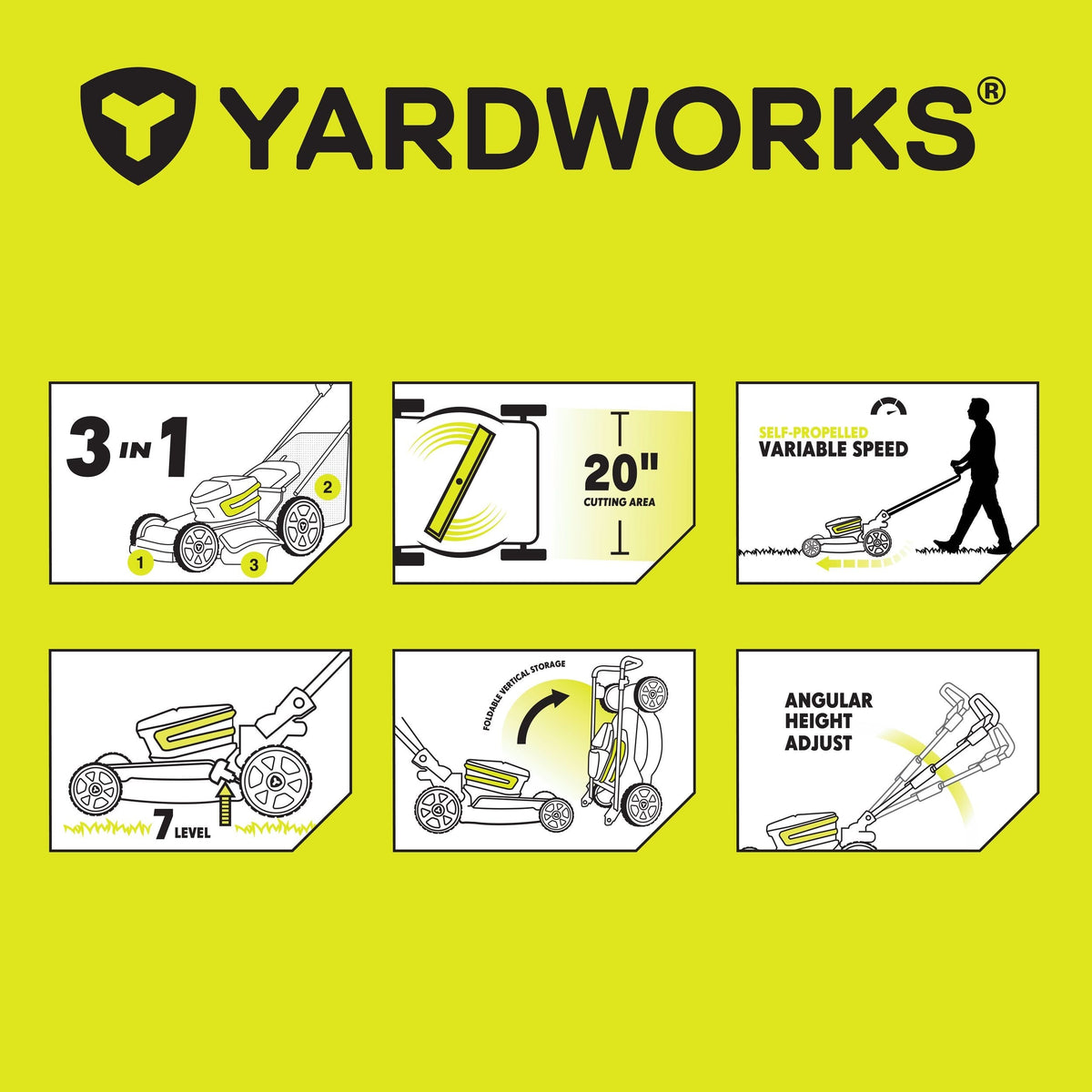 Yardworks 48V 3-in-1 Cordless Brushless Self-Propelled Mower, 21-in with 6Ah Battery & 2Ah Charger